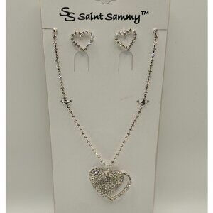 Saint Sammy Austrian Crystal Necklace/Earrings Set Double Heart Prom or Wedding